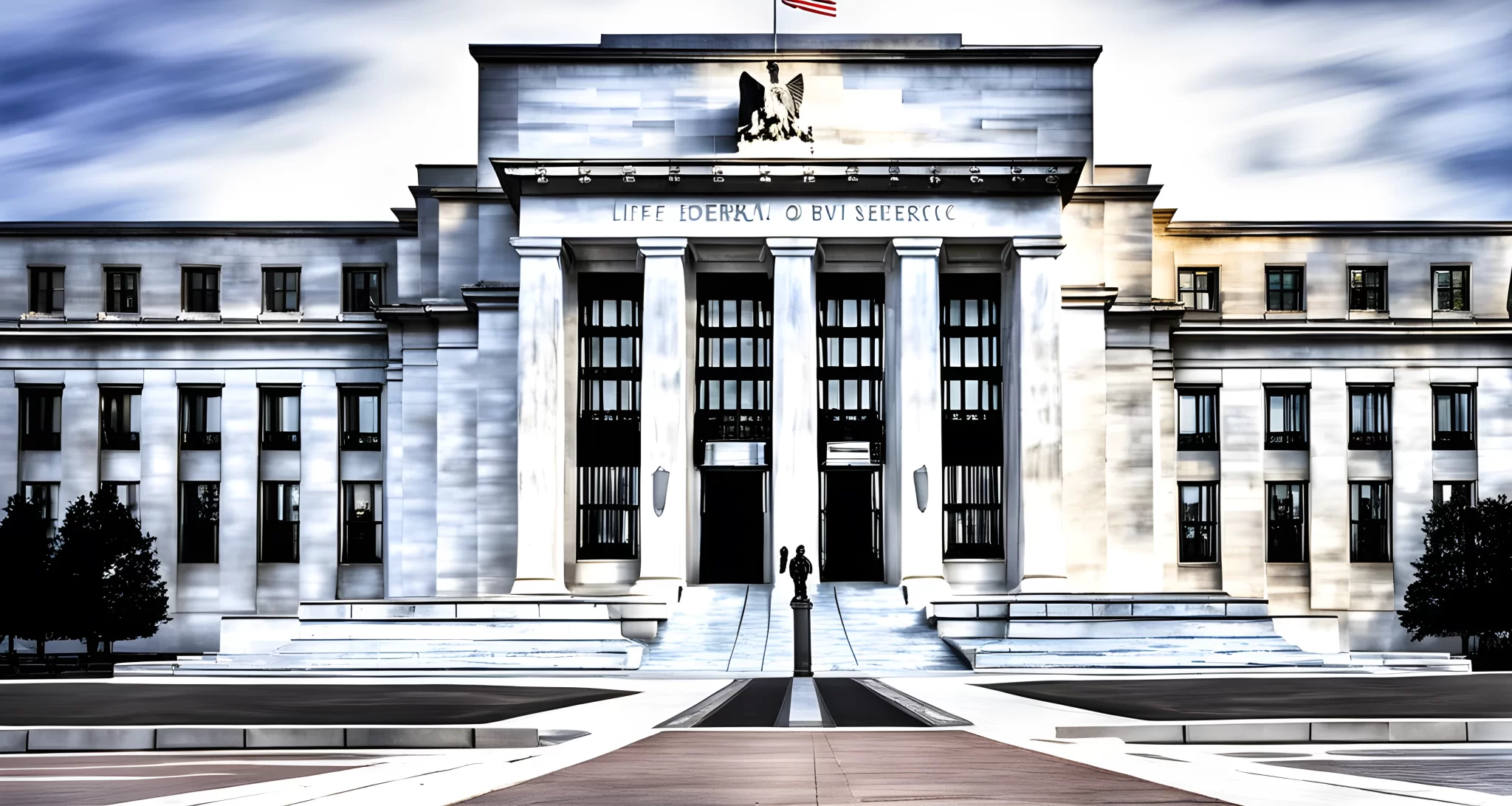 The image shows the Federal Reserve building in Washington, D.C. with the American flag flying in front.