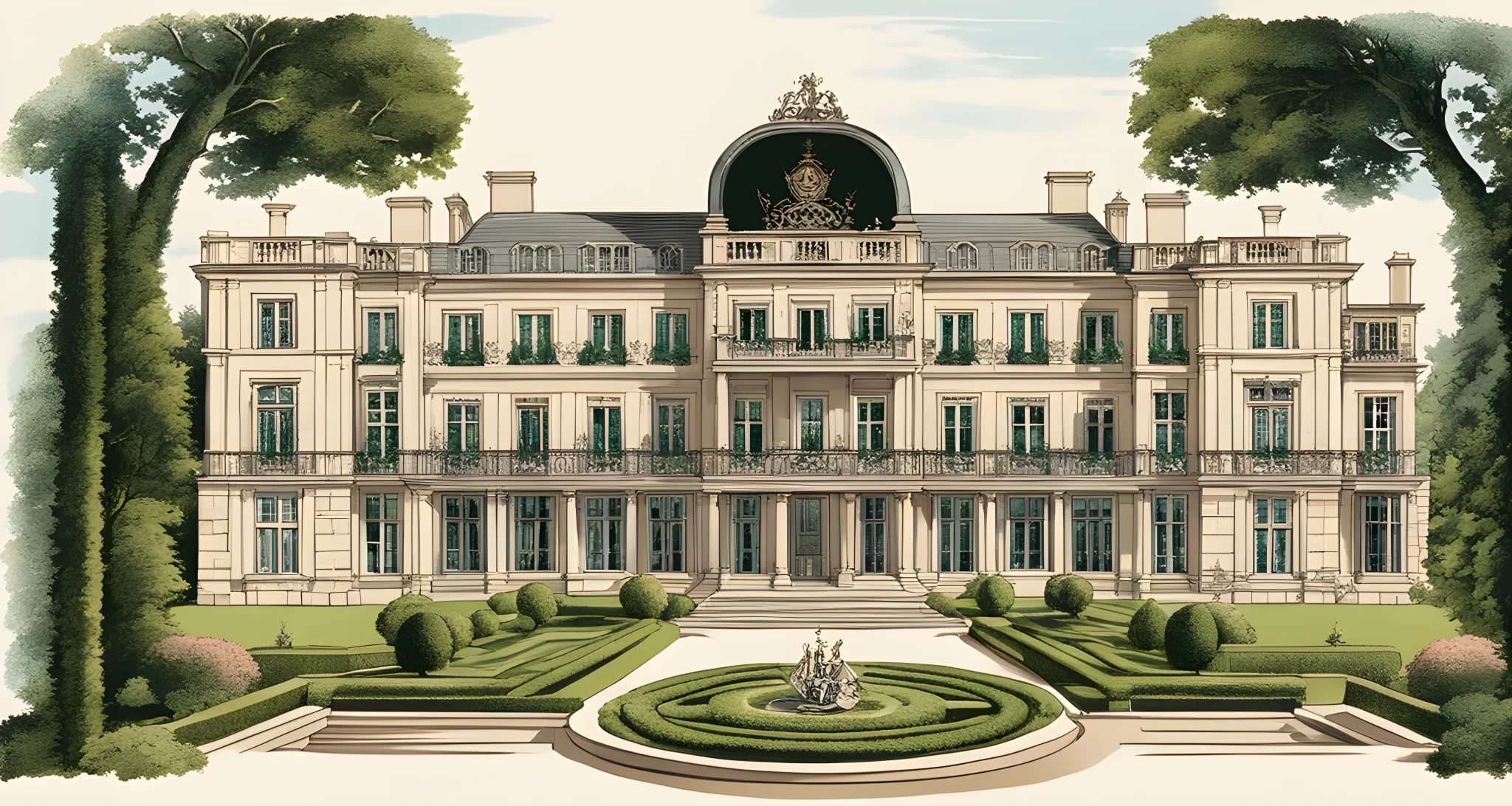 The image shows the grand mansion of the Rothschild family, adorned with intricate architectural details and surrounded by lush, manicured gardens. A prominent family crest is displayed above the entrance, symbolizing their wealth and influence.