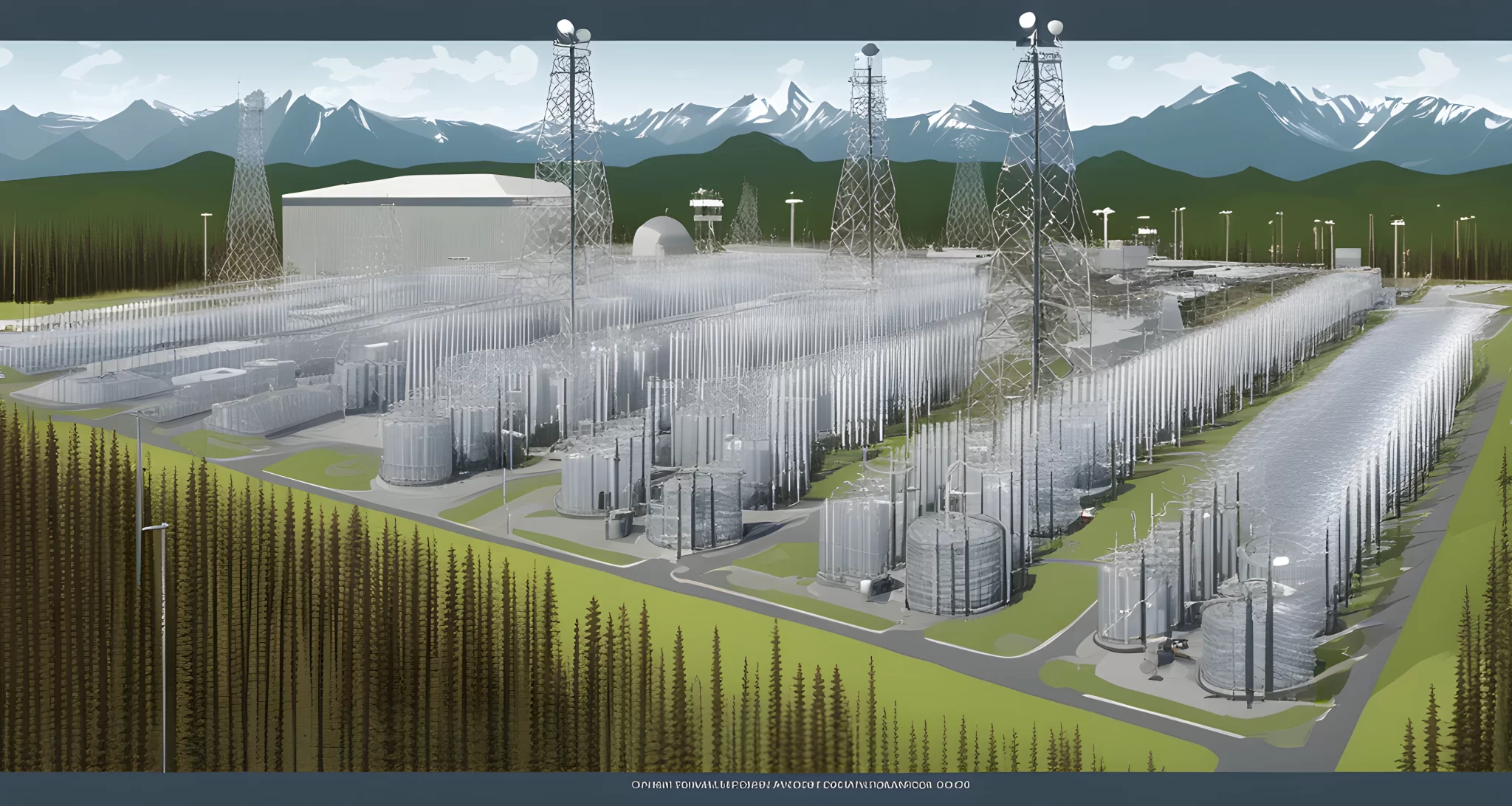 The image shows the HAARP facility in Alaska, with its massive array of antennas and transmitter stations.