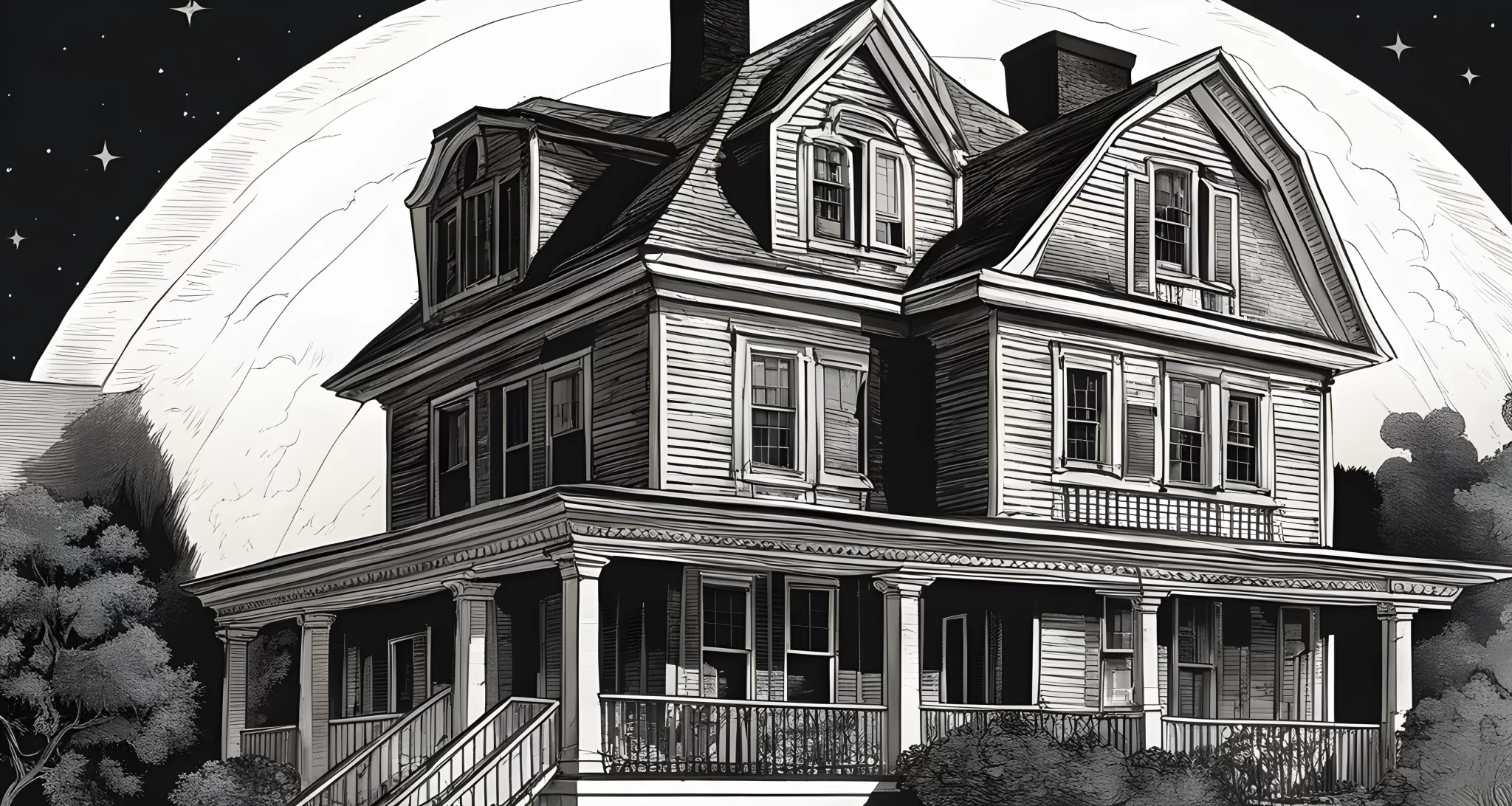 The image shows the infamous Amityville house with its distinctive Dutch Colonial architecture and iconic quarter moon windows.