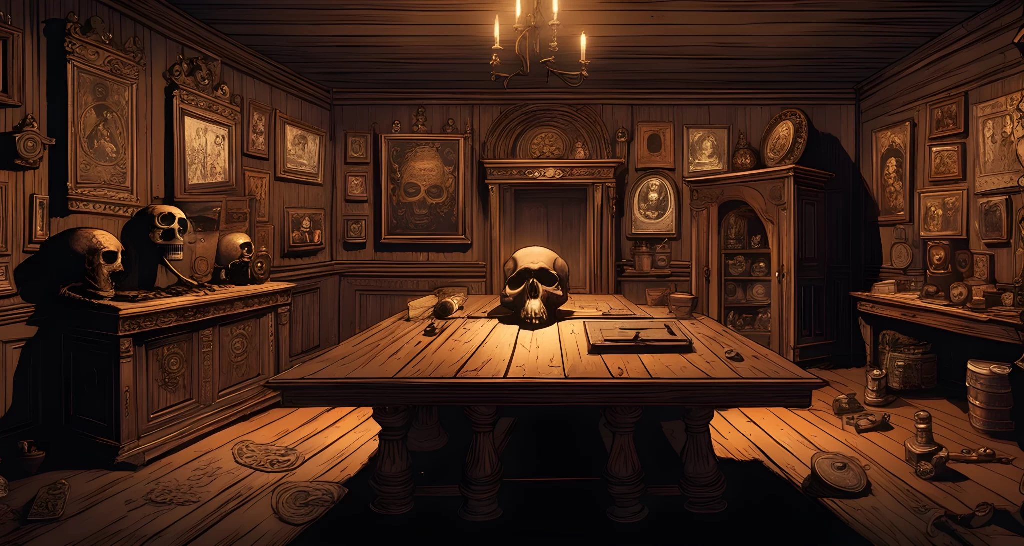 The image shows the interior of a dimly lit, wood-paneled room with a large, ornate table in the center. On the table are various historical artifacts and symbols, including a skull and crossbones.