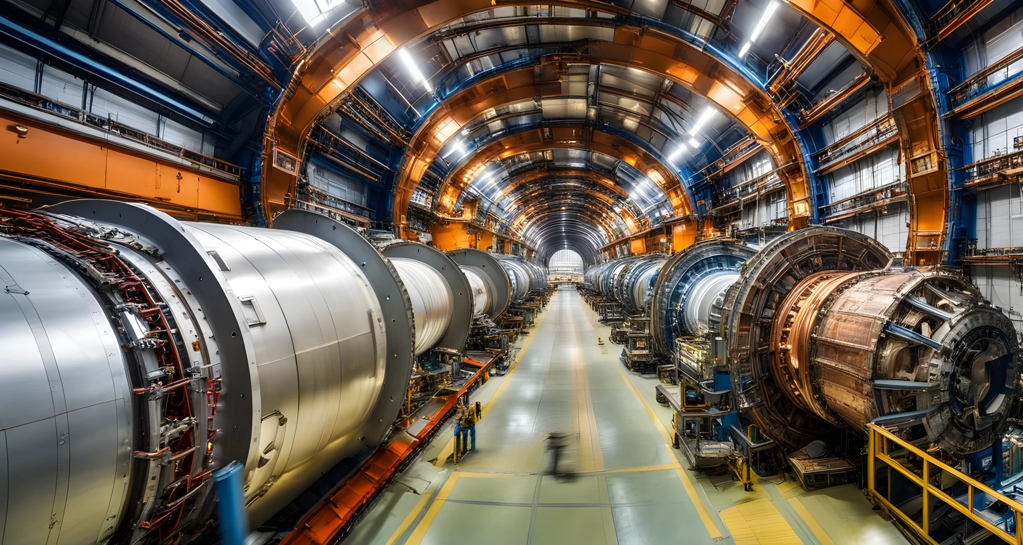 The image shows the Large Hadron Collider at CERN, a massive particle accelerator.