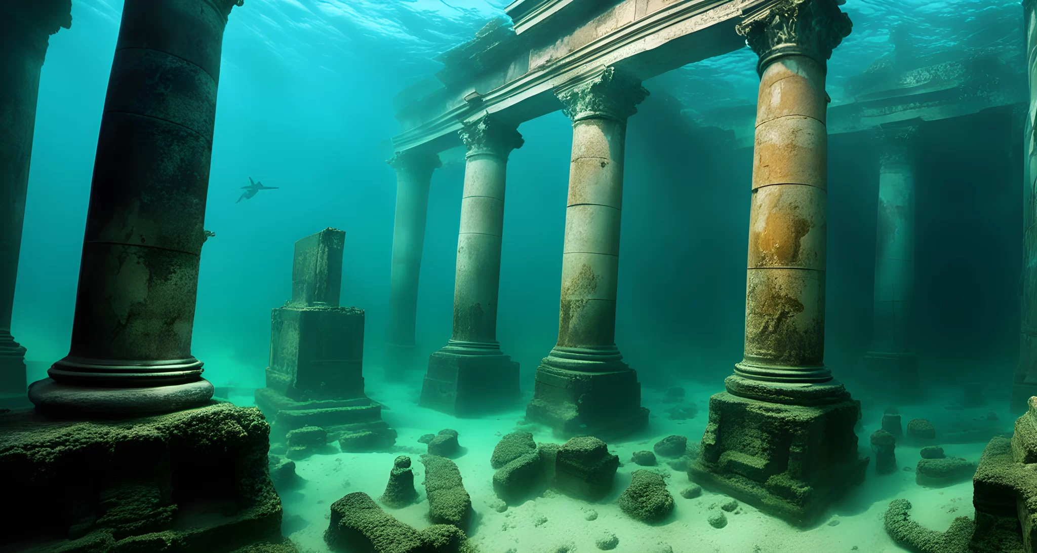 The image shows the remains of ancient ruins submerged underwater, including buildings, columns, and statues.