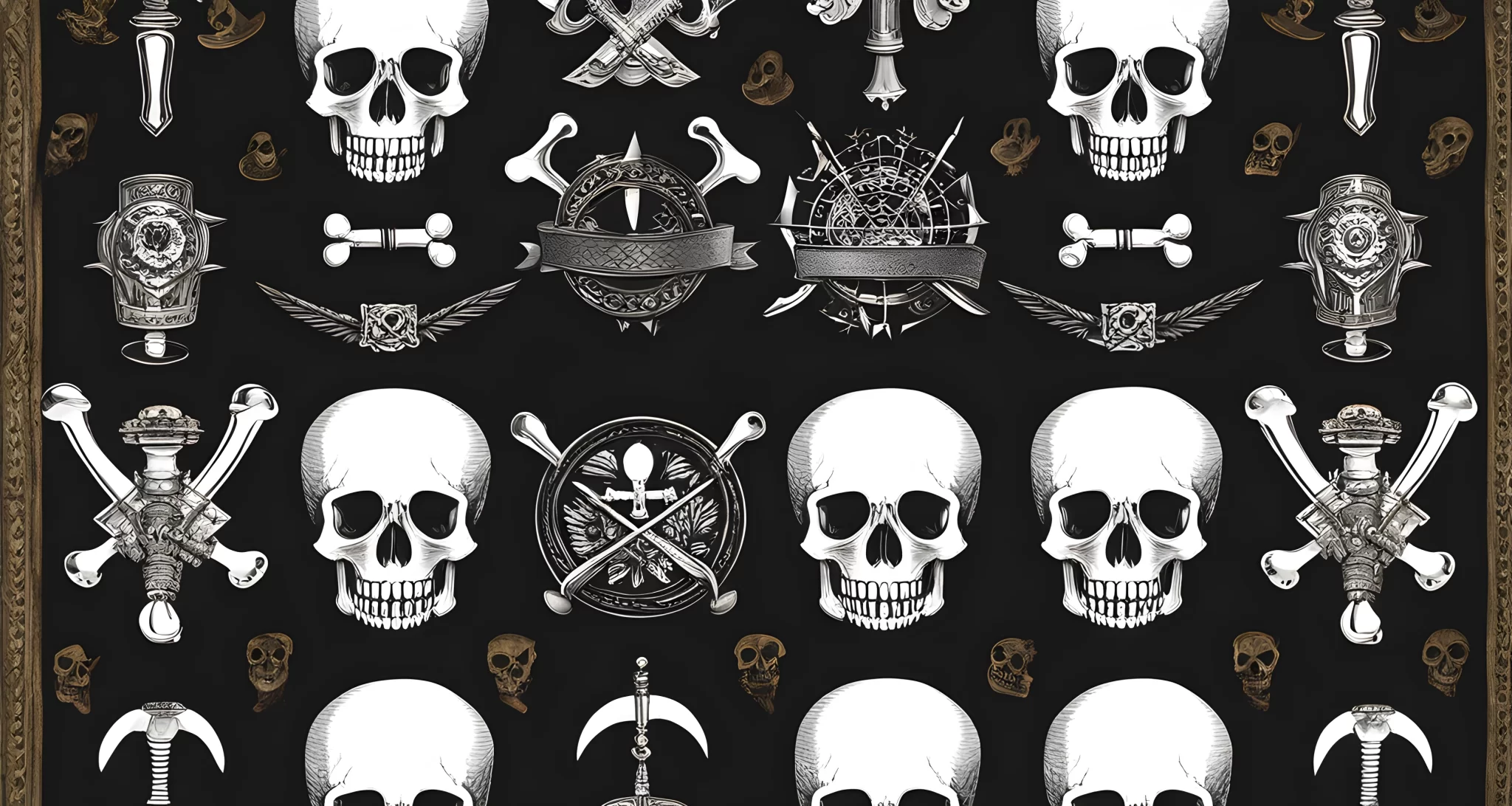 The image shows the Skull and Bones society's iconic logo and ceremonial artifacts.