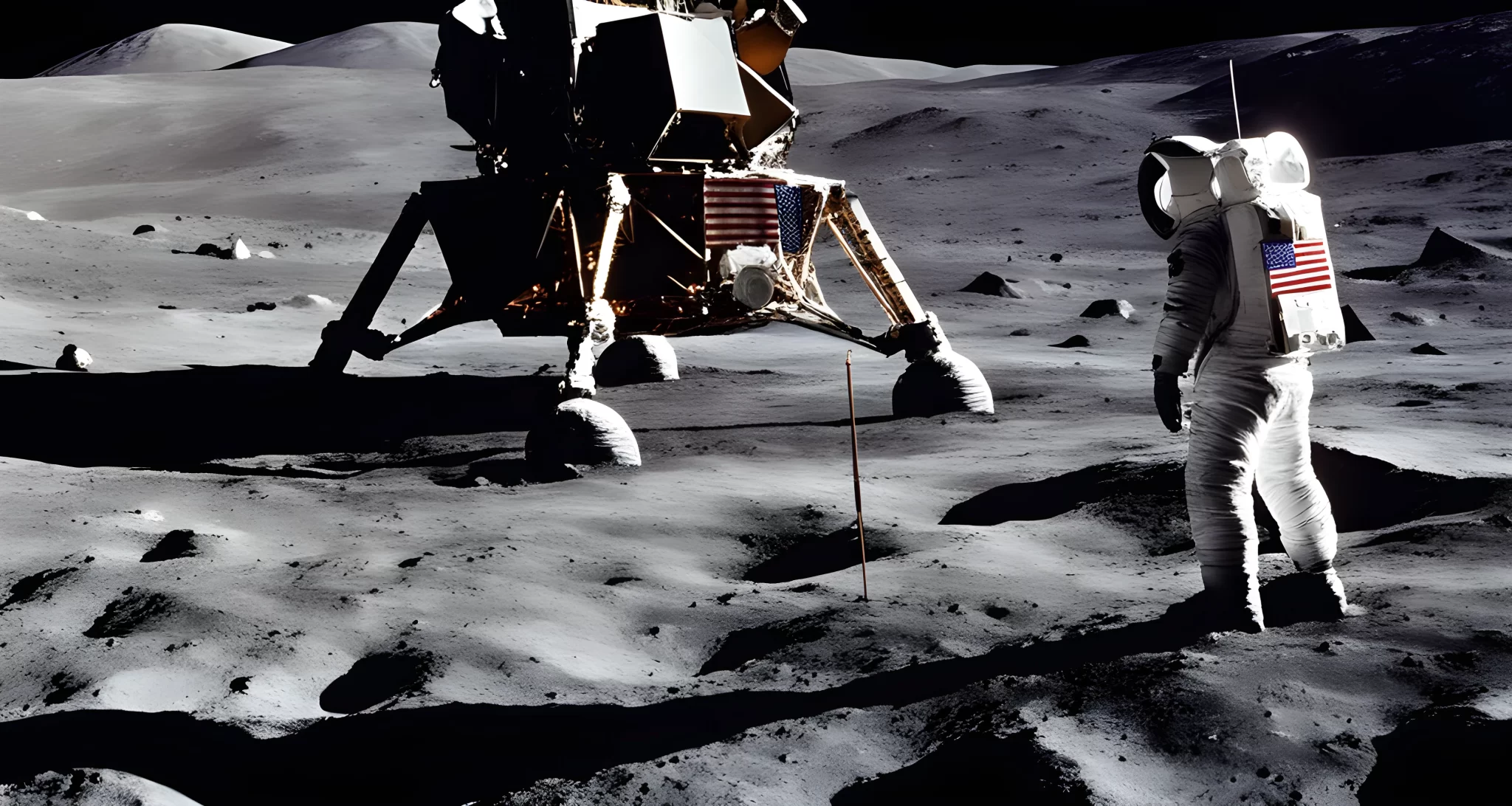 The image shows the US flag planted on the surface of the moon, with the lunar module and astronaut in the background.