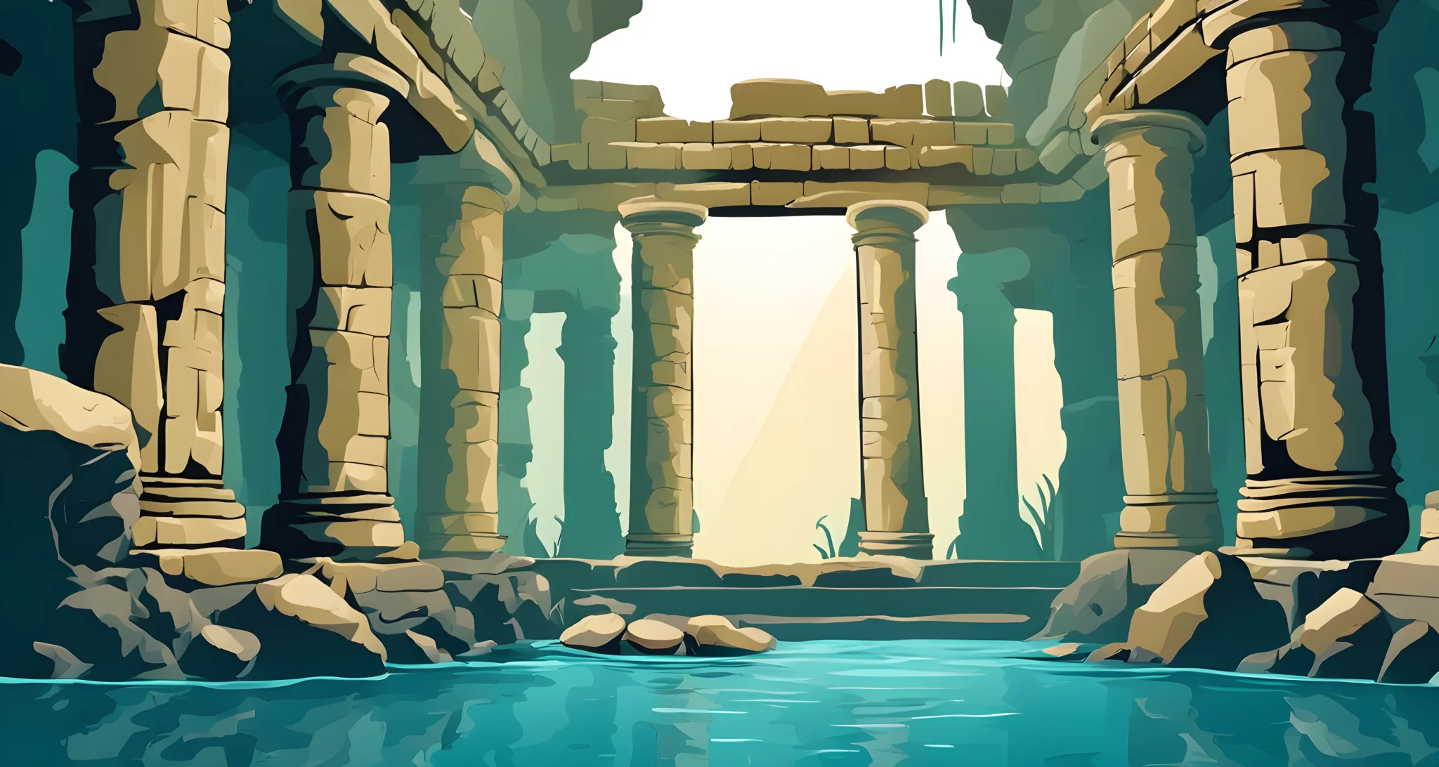 The image shows underwater ruins with stone structures and columns.