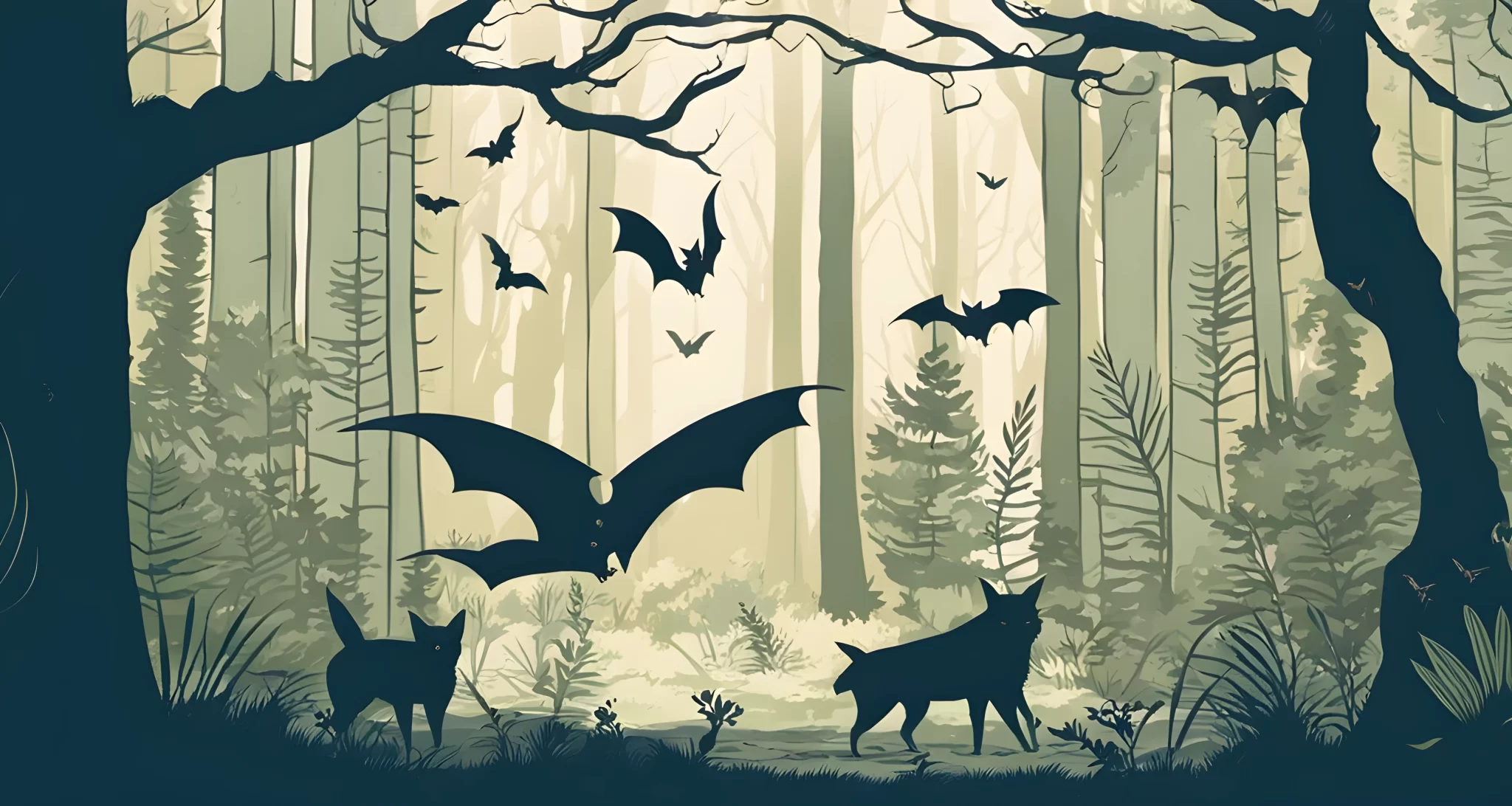 The image shows various animals in a forest setting, with a bat prominently featured in the center.