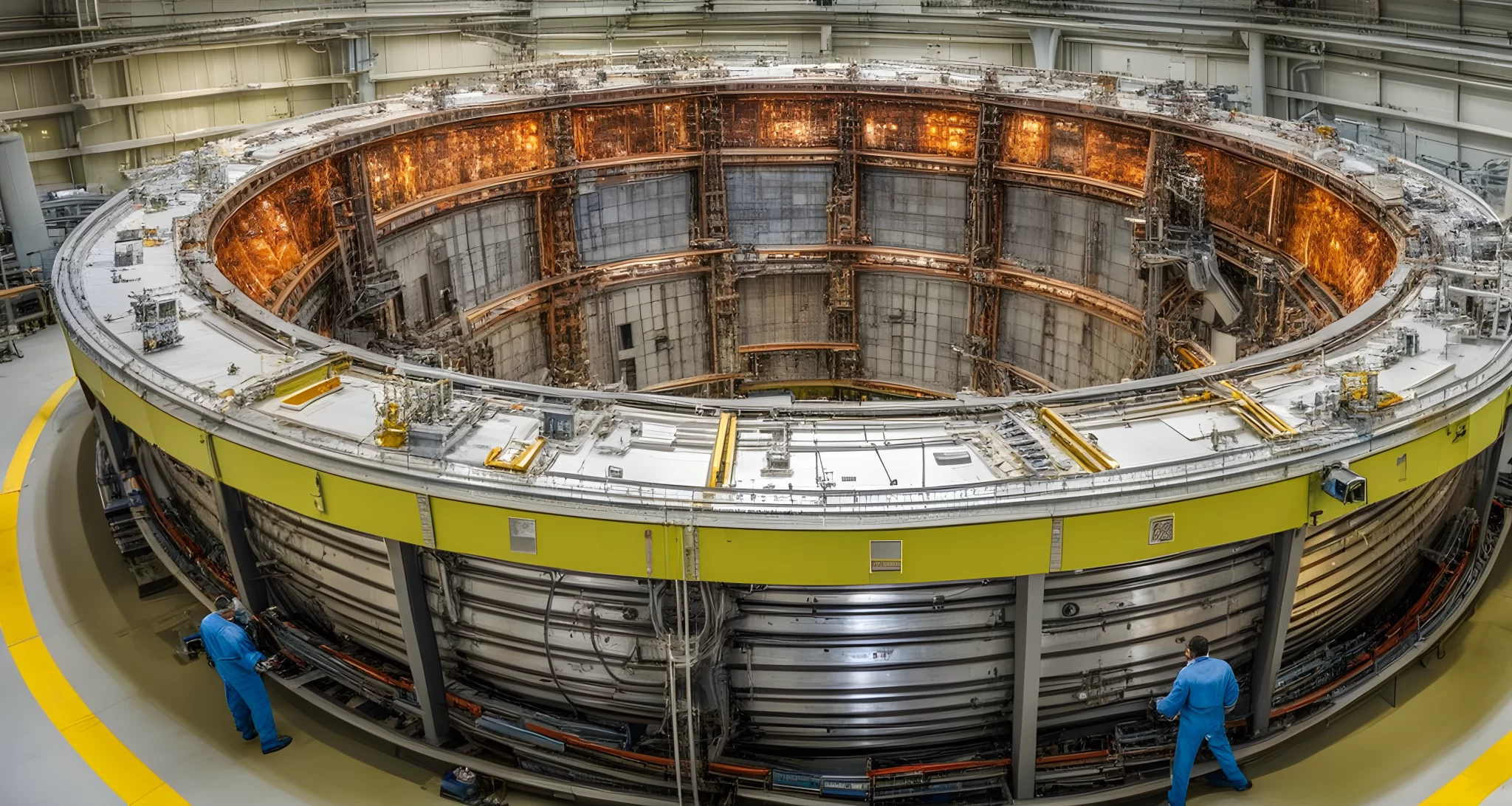 The Large Hadron Collider at CERN surrounded by a group of scientists and technicians.