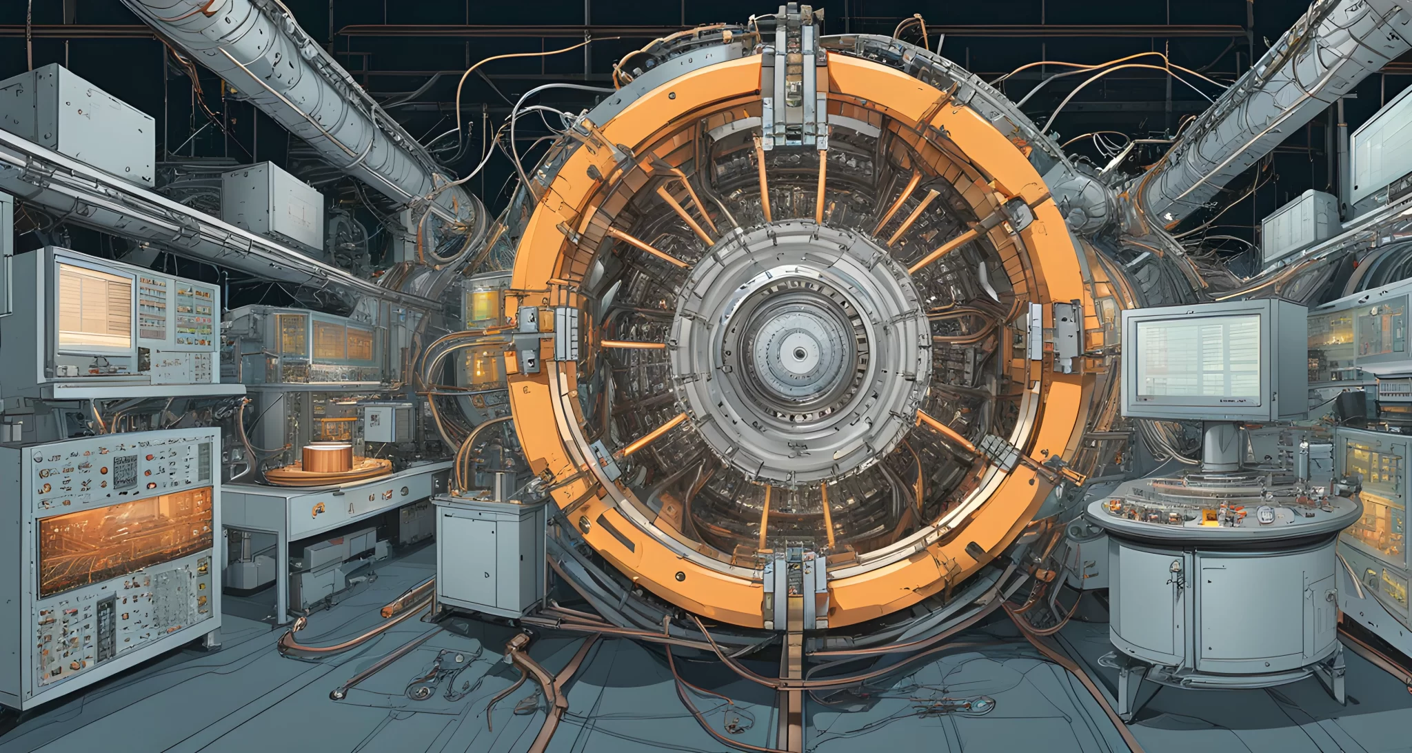 The Large Hadron Collider is a massive circular machine with multiple layers of metal and tubing. It is surrounded by a network of computers and control panels.