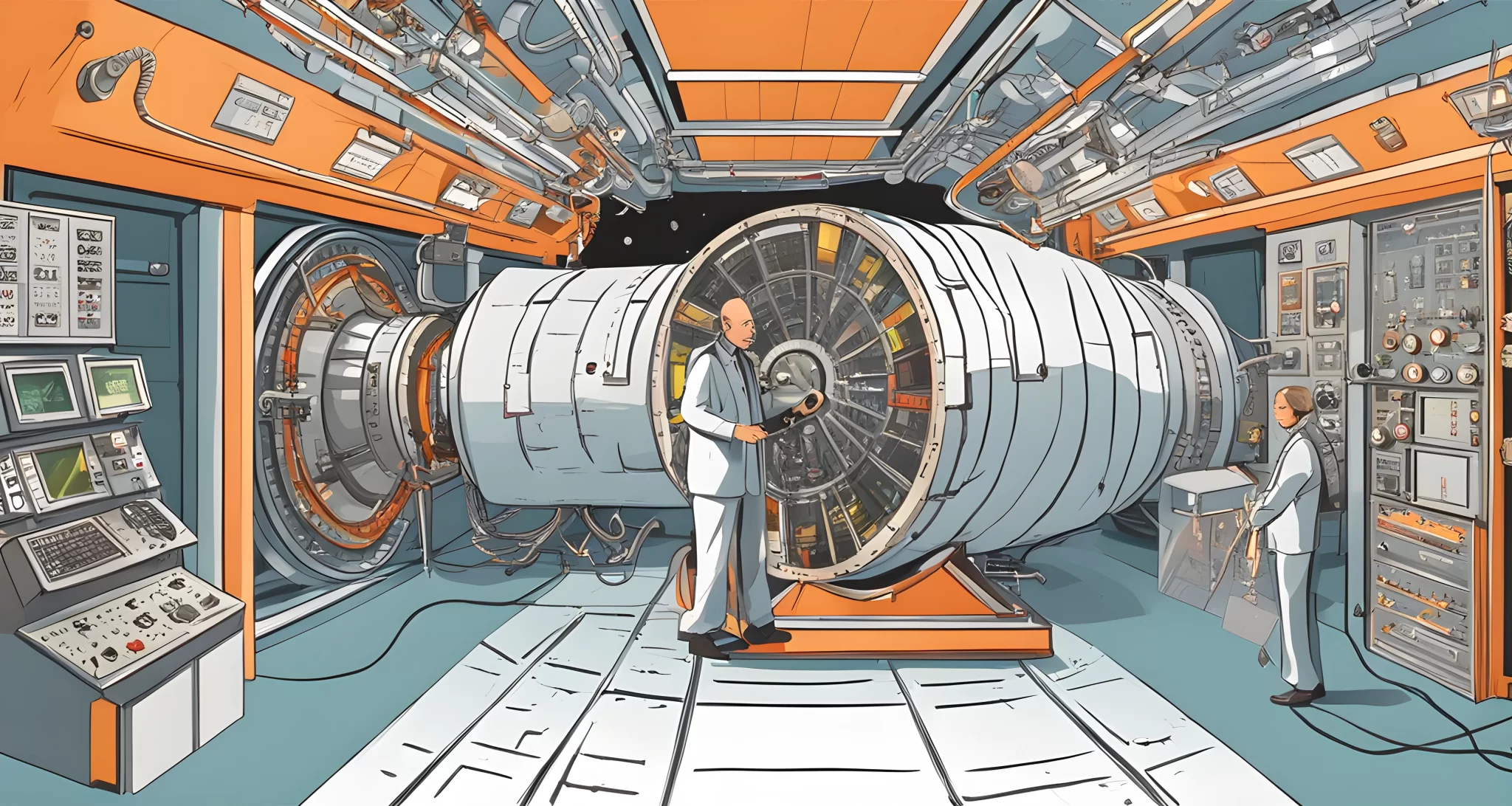 The Large Hadron Collider with scientists and control panels.